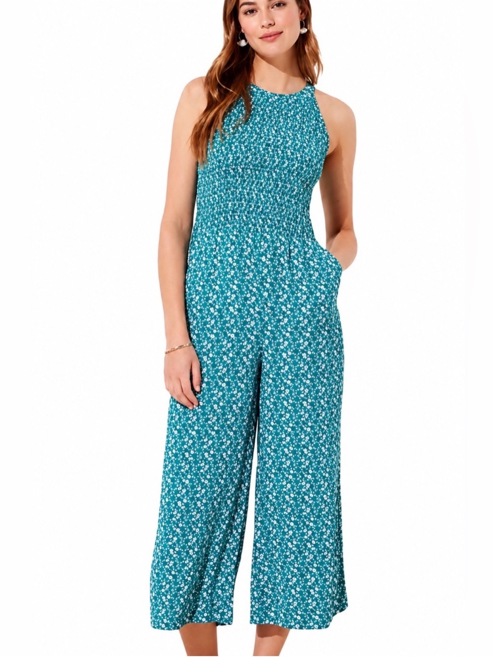 LOFT Teal Floral Smocked Halter Jumpsuit